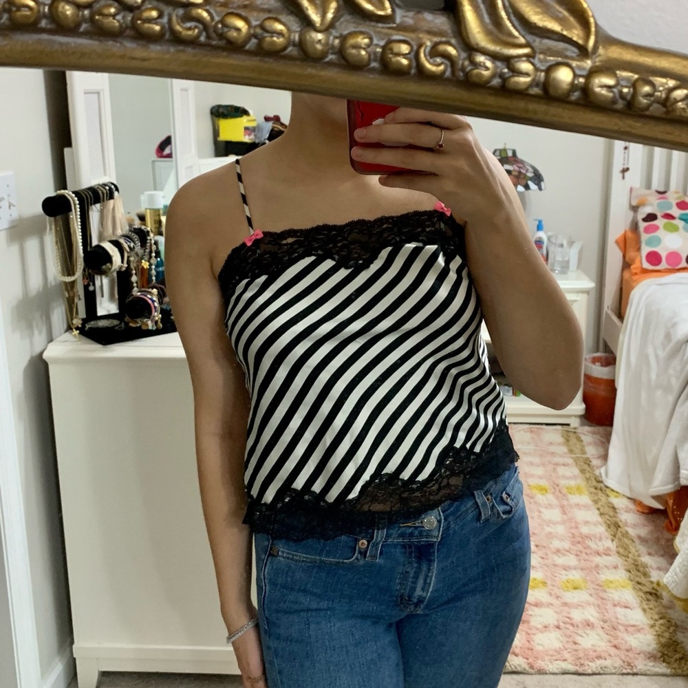 Victoria’s Secret Top Women’s S Tank Top Lace Striped Bow Black Cami Satin White